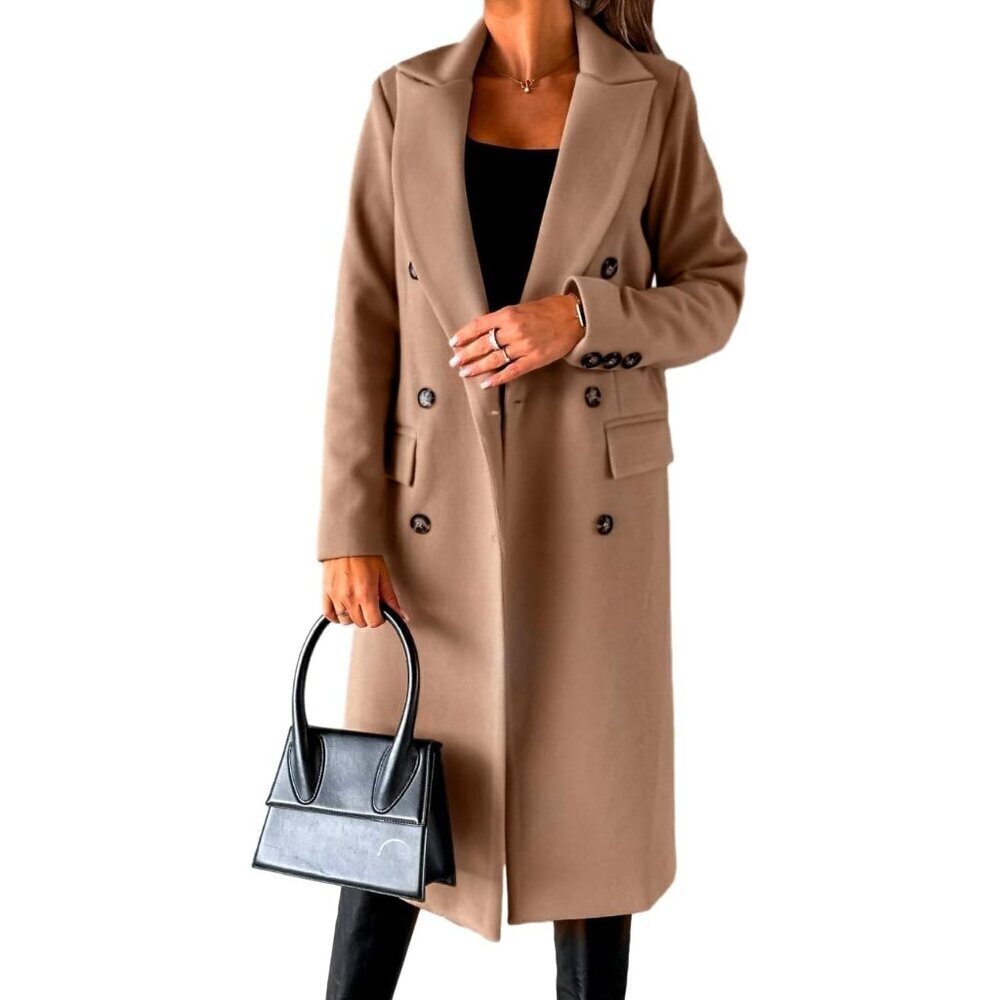 🆕Womens Khaki Long Wool Coat Double Breasted Trench Coat Fall Winter Clothes